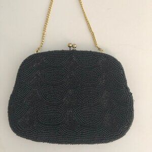 Vintage Magid Black Beaded Evening Purse w Kiss Clasp and Brass Chain Japan